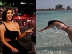 Kim Kardashian w skąpym bikini daje nura w wodzie po kolana. Internauci kpią: 