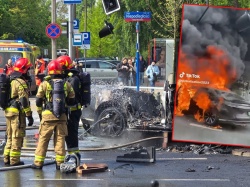 Samochód elektryczny za milion doszczętnie spłonął w centrum Warszawy