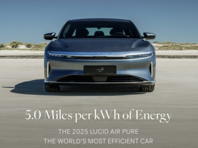 Lucid Air Pure i najniższe zużycie energii: 5 mil/kWh = 12,4 kWh/100 km. Rekord zasięgu: 676 km EPA z baterii 84 kWh