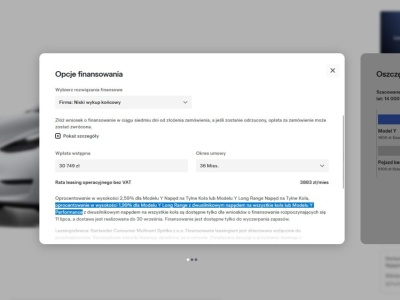 Tesla oferuje Model Y w najmie za 299 funtów (~1 500 zł) miesięcznie. W Polsce najbardziej hojna oferta to leasing 1,99 procent