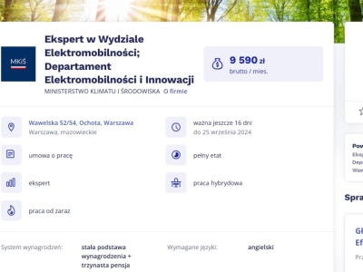 Ministerstwo Klimatu i Środowiska szuka eksperta w Wydziale Elektromobilności. Pensja: 9 590 zł brutto na etacie + dodatki