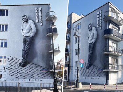 Mural z Markiem Hłaską na modernistycznej kamienicy na Żoliborzu