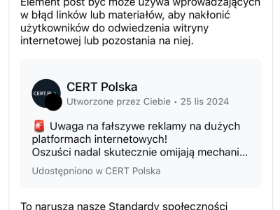 Stanowisko CERT Polska dot. ograniczania przez firmę Meta widoczności artykułu na temat oszustw na tej platformie.