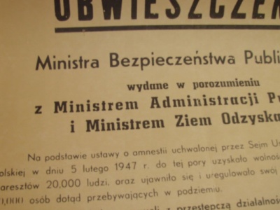 22 lutego 1947 roku sejm RP uchwalił amnestię skierowaną do żołnierzy i działaczy polskiego podziemia antykomunistycznego