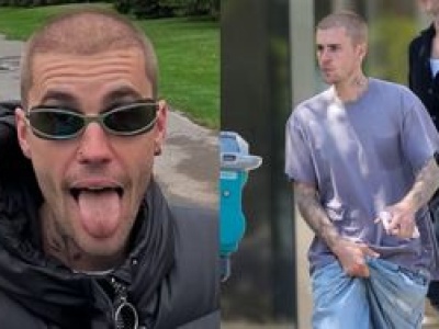 Justin Bieber trzyma się za krocze w drodze do banku, powstrzymując spodnie przed zsunięciem