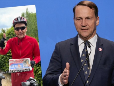 Sikorski pomyka na rowerze w czerwonym stroju. Tak wspiera Trzaskowskiego
