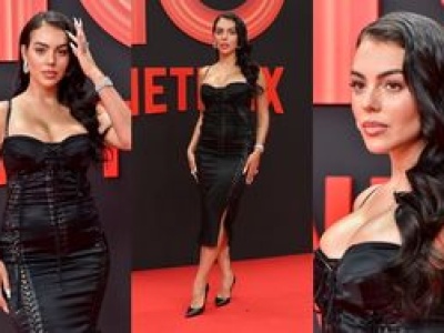 Wysmarowana oliwką Georgina Rodeiguez prezentuje pokaźny dekolt na wydarzeniu Netflixa w Madrycie
