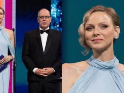 Posągowa Charlene w błękitnej sukni posyła nieśmiałe uśmiechy na gali. Towarzyszył jej książę Albert