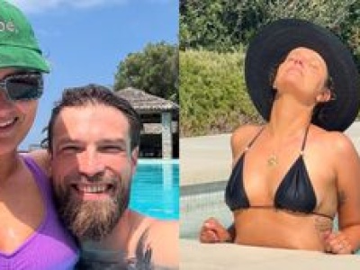 Zofia Zborowska w czarnym bikini wyłania się z basenu i zadowolona ogłasza: 