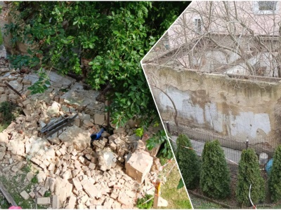 Ściana budynku gospodarczego runęła na sąsiedni ogródek [FOTO]