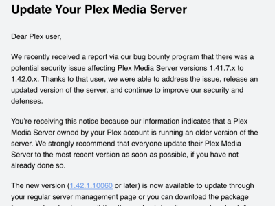 Konieczność aktualizacji Plex Media Server, ale podatność jeszcze nie ma numeru CVE