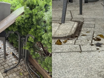 Zdewastowany ogródek restauracji na rynku. Dookoła rozbite butelki po alkoholu