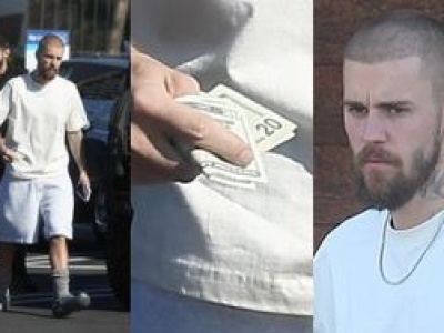 Brodaty Justin Bieber parkuje na miejscu na niepełnosprawnych i pędzi z plikiem pieniędzy po kawusię
