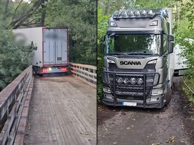 24-metrowy zestaw na miesiąc utknął w lesie, między mostem do 6 ton a linią kolejową