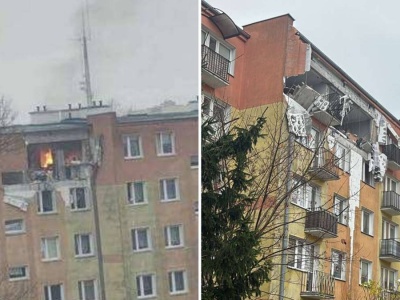 Silna eksplozja w bloku w Braniewie. Strażacy walczą z ogniem