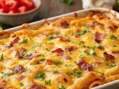 Podwójnie serowe penne – z boczkiem i pomidorami. Zapiekanka makaronowa według Mateusza Gesslera