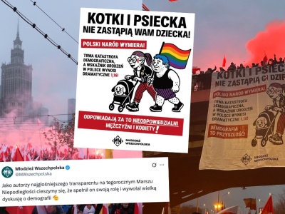 Młodzież Wszechpolska poprawiła swój słynny baner i przyznała, że mężczyźni też są odpowiedzialni za katastrofę demograficzną