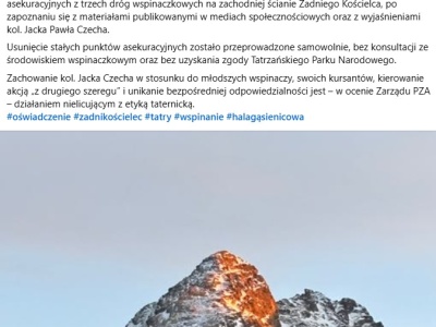 Zadni Kościelec: Zarząd PZA pozbawia stopni Jacka Pawła Czecha