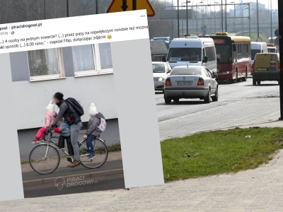 Mężczyzna wiózł na rowerze troje małych dzieci bez kasków. Internauci: Nie każdego stać na auto