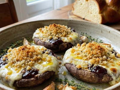 ​Portobello z camembertem i powidłami – pod chałkową kruszonką. Autorska propozycja Bogumiła Przybylaka