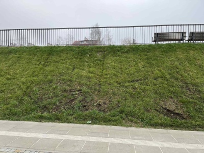 Niszczą alejki i zieleń w na Ursynowie. Elektrycznymi rowerami rozjeżdżają park linearny