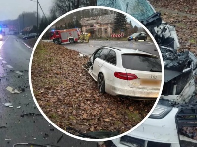Czołowe zderzenie audi z ciężarówką. Jedna osoba ranna. ZOBACZ ZDJĘCIA