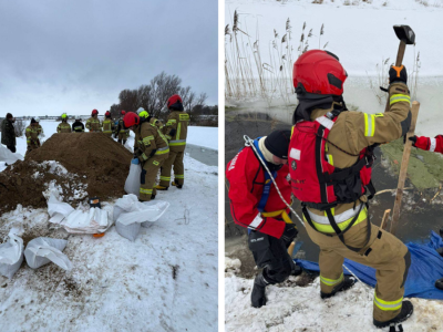 Uszkodzenie wału na rzece Elbląg. Woda wylewa się na pola