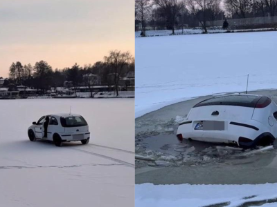 Wjechał autem... na zamarznięty staw. Pojazd poszedł na dno