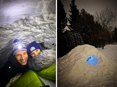 Tomasz Wolny spędził z synem noc w igloo. Sami je wybudowali. WIDEO i ZDJĘCIA