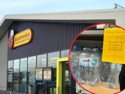 Na półkach w Biedronce wywieszono żółte kartki. To informacje o kaucji