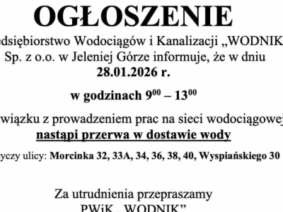 Planowana przerwa w dostawie wody