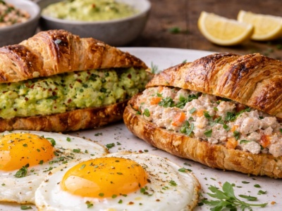 ​Śniadaniowe croissanty w podwójnej odsłonie. Kremowe awokado versus dymny duet