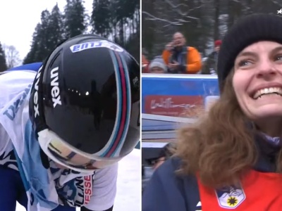 Skoczek tuż po lądowaniu zdjął kombinezon. Kamery pokazały jego ukochaną. Wybuchła wrzawa, pojawiły się łzy
