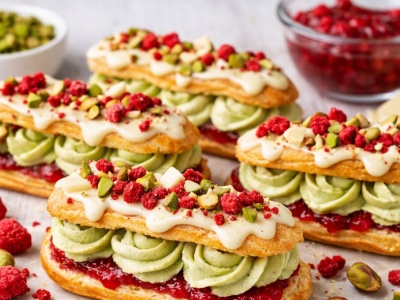 Pyszny deser na weekend. Eklerki z kremem pistacjowym i malinami od Karoliny Stolarskiej-Bigos.
