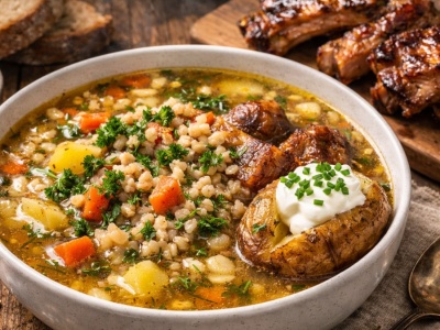 Rozgrzewa i syci. Krupnik z żeberkami, pieczonymi ziemniakami i kwaśną śmietaną od Bogumiła Przybylaka