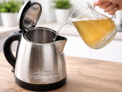 Wlej do czajnika i zagotuj. Po chwili kamień sam odpadnie