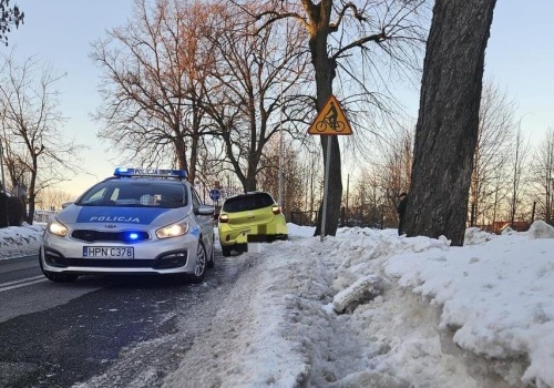 Kompletnie pijana kierująca wjechała w zaspę śniegu i znak drogowy