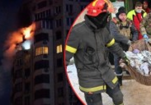 Dramatyczna noc w Kijowie. Wieżowiec w płomieniach, ranna kobieta i dziecko