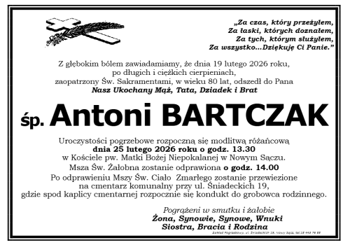 Nie żyje Antoni Bartczak. Uroczystości pogrzebowe w Nowym Sączu