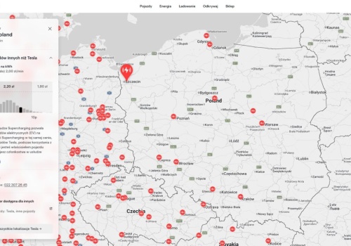 Tesla Supercharger Szczecin otwarty dla aut wszystkich marek. Maksymalnie 2,2 zł, przy abonamencie: 1,6-1,3 zł/kWh