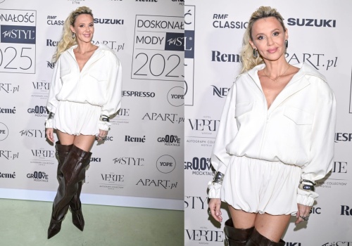 To najodważniejsza kreacja wieczoru. Kasia Moś w ultrakrótkiej bieli i te kozaki