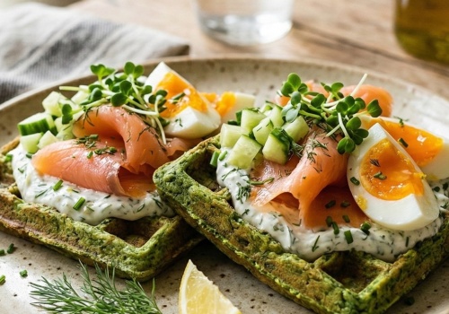 ​Poranny fenomen na zielono. Wytrawne gofry ze szpinakiem i łososiem według Karoliny Stolarskiej-Bigos