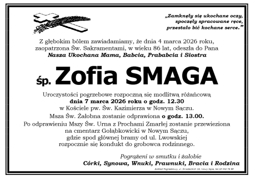 Nie żyje Zofia Smaga. Ostatnie pożegnanie w kościele św. Kazimierza w Nowym Sączu