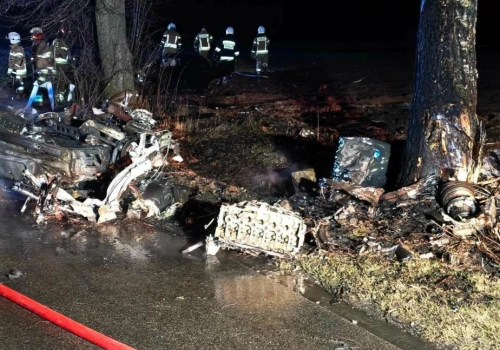 Śmiertelny wypadek w Pieńkach. Samochód uderzył w drzewo i stanął w ogniu