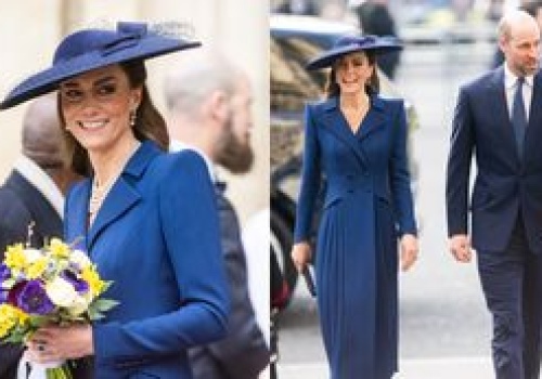 Księżna Kate w granatowej kreacji i GIGANTYCZNYM KAPELUSZU pojawiła się w Opactwie Westminsterskim u boku Williama (ZDJĘCIA)