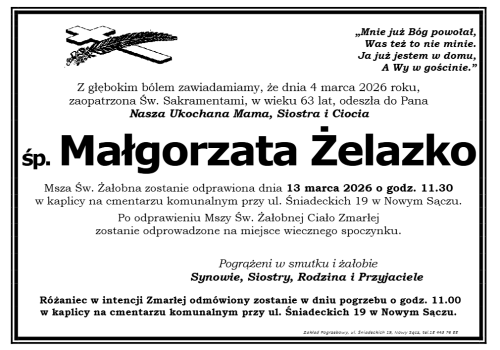 Zmarła Małgorzata Żelazko. Uroczystości pogrzebowe w Nowym Sączu