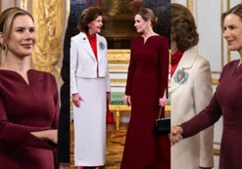 Marta Nawrocka pojawiła się w bordowej sukni na kolacji ze szwedzką parą królewską (ZDJĘCIA)