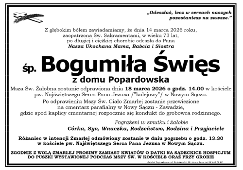 Nie żyje Bogumiła Święs. Sądeczanka miała 73 lata