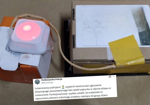 Lubaczów: policja ustaliła, że porzucony pod sklepem pakunek przypominający bombę jest tylko szkolnym projektem roztargnionych nastolatków