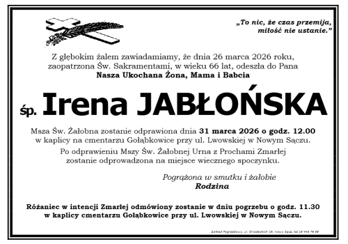 Nie żyje Irena Jabłońska. Pogrzeb odbędzie się w Nowym Sączu